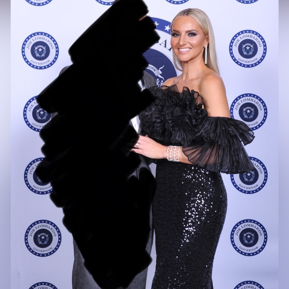 Badgley Mischka Organza Ruffle Off-Shoulder Sequin Gown